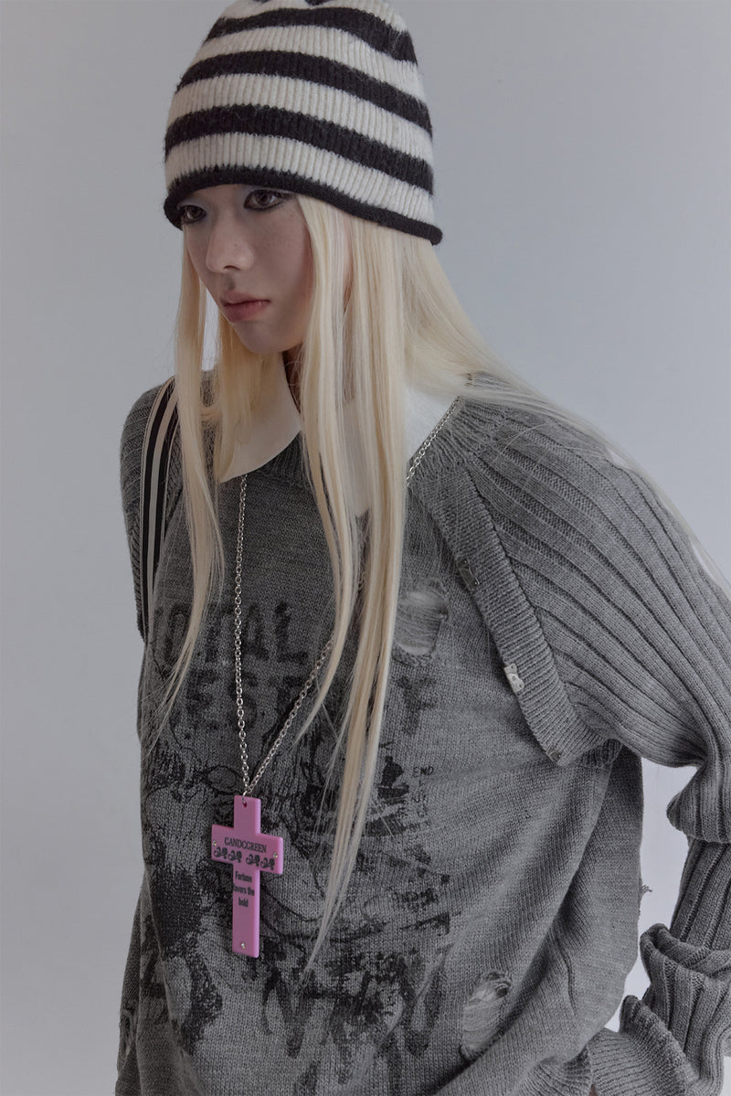 Distressed Graphic Knit Sweater – Raglan Ribbed Sleeve, Rock Print, Grey