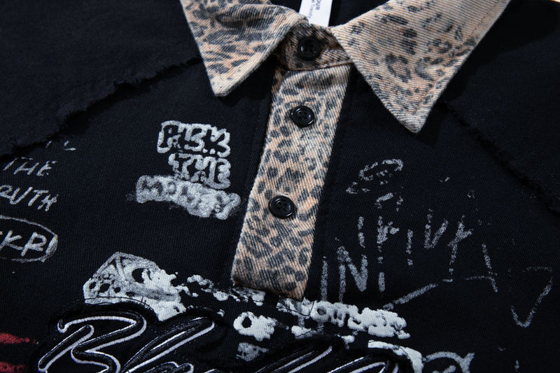 Chemise à col et manches courtes – Polo patchwork léopard graffiti