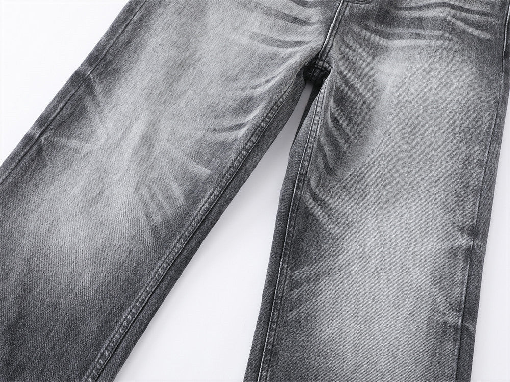Wide-Leg Jeans Men's Washed Grey Vintage Distressed Baggy Denim Pants