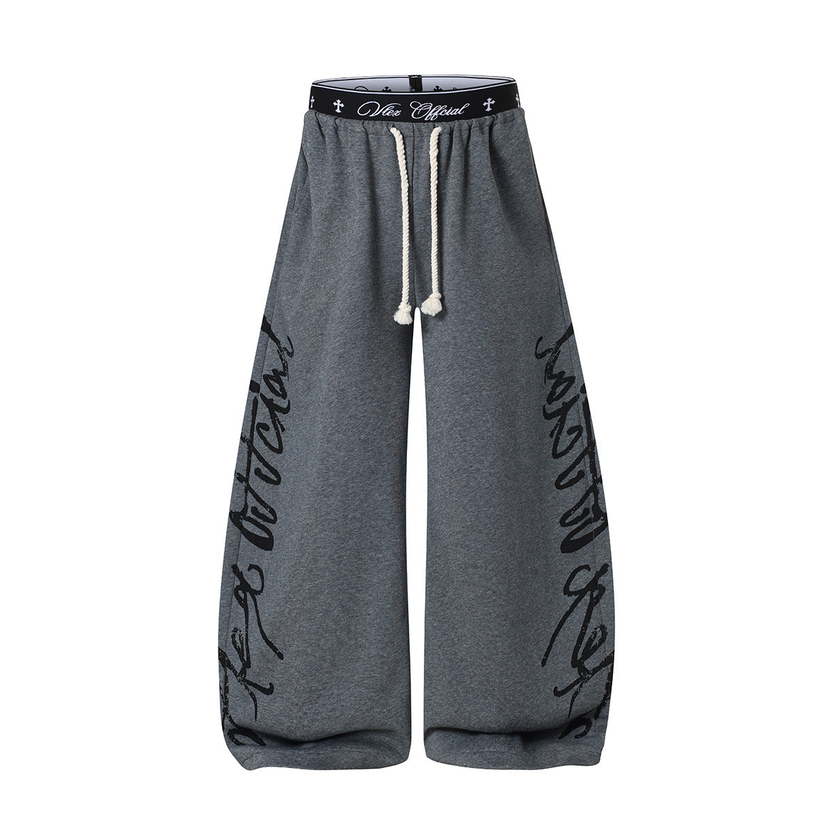 Pantalon de survêtement oversize wide-leg avec imprimé graffiti façon écriture et ceinture élastique siglée, en noir, gris foncé et gris clair
