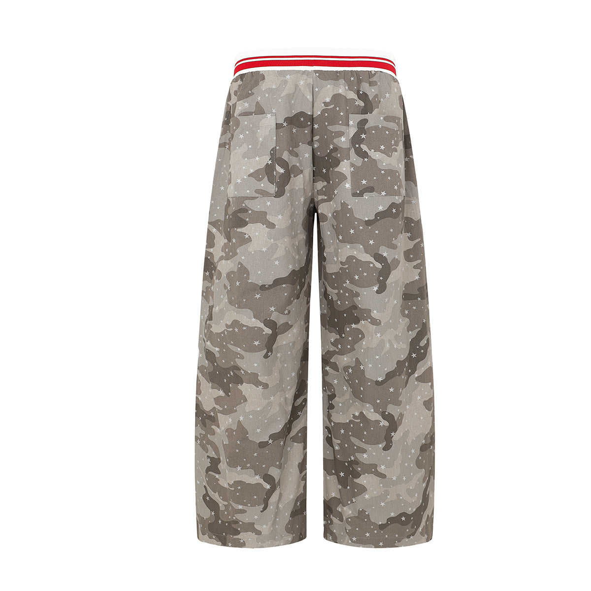 Wide-Leg-Cargohose im Camouflage-Look mit Sternprint und rot gestreiftem Taillenbund