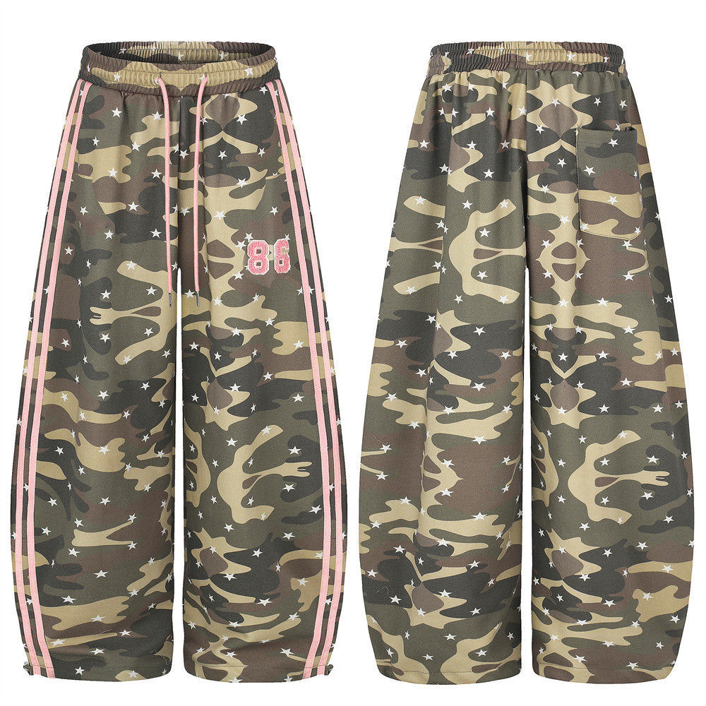 Baggy wide leg camouflage star print pants with pink side stripes and chenille 86 embroidery, front and back view