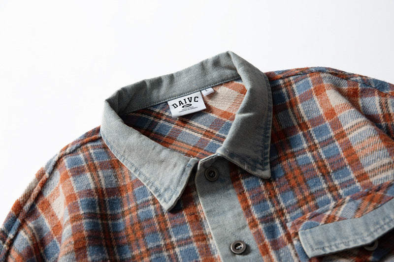 Men's Red Plaid Shirt Oversized Denim-Splice Faux Two-Piece Button-Down