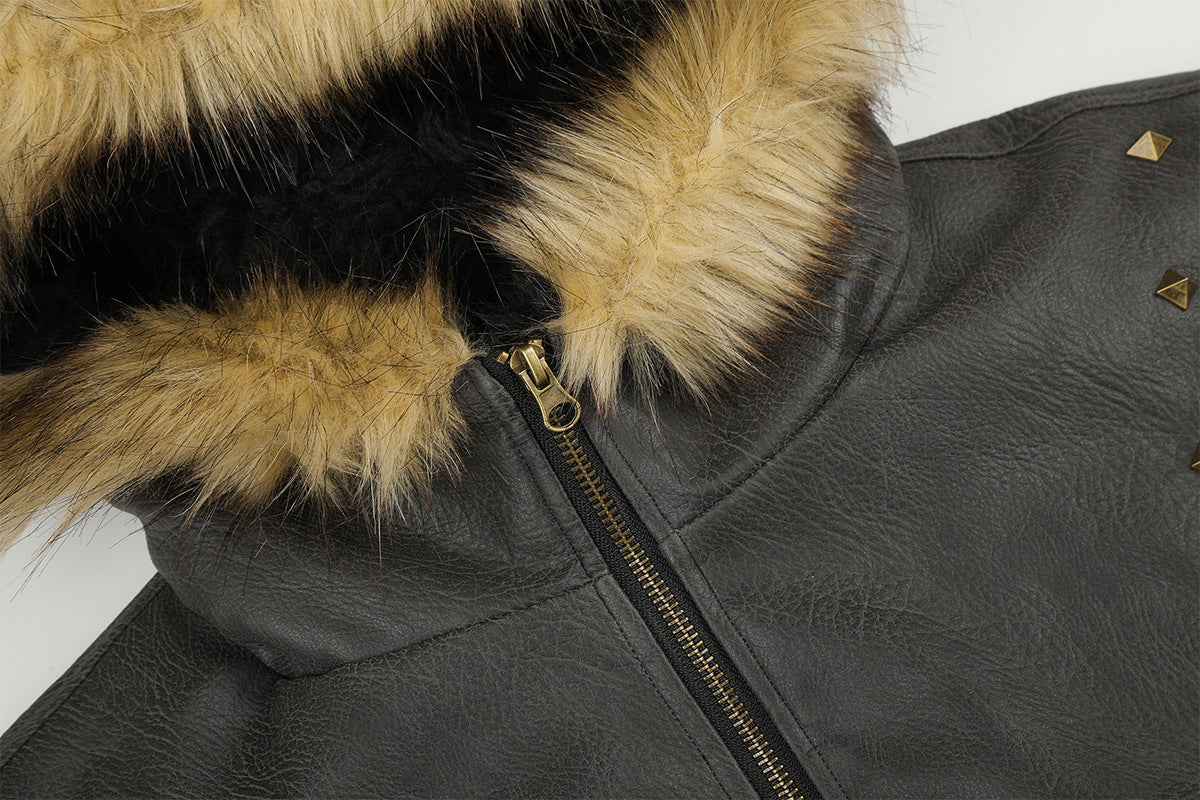 Leather Jacket Fur Collar Studded Hooded Bomber Jacket with Fleece Lining