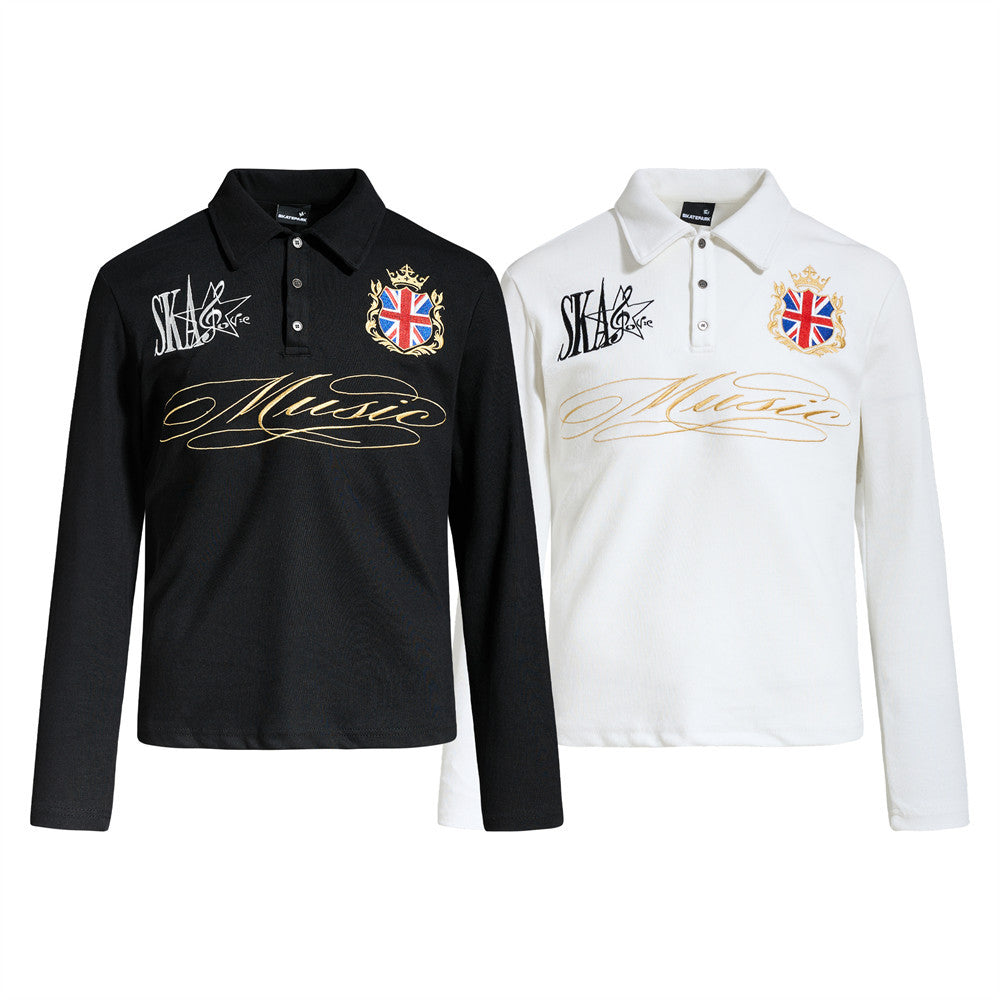 Men's Long-Sleeve Polo Shirt with Embroidered Music Badge & Union Jack Crest