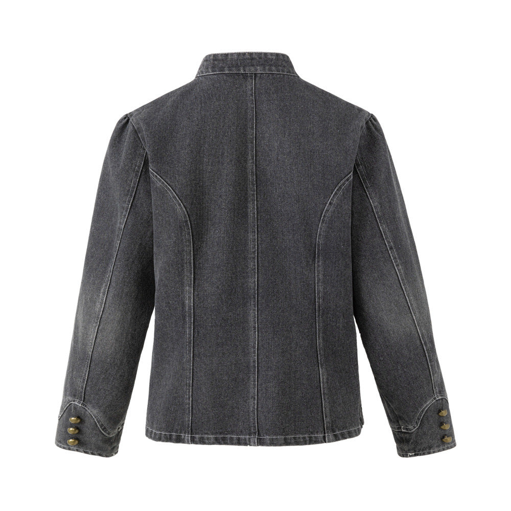 Men's Washed Denim Jacket with Metal Coin Chain Trim & Brass Buttons — Punk
