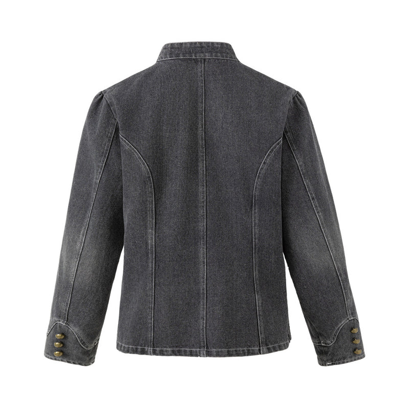 Men's Washed Denim Jacket with Metal Coin Chain Trim & Brass Buttons — Punk