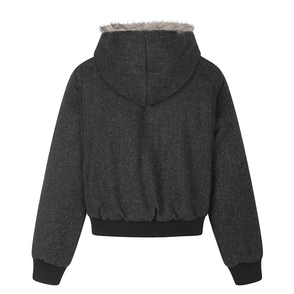 Fur-Trim Hooded Wool-Blend Bomber Jacket with Asymmetric Button Placket