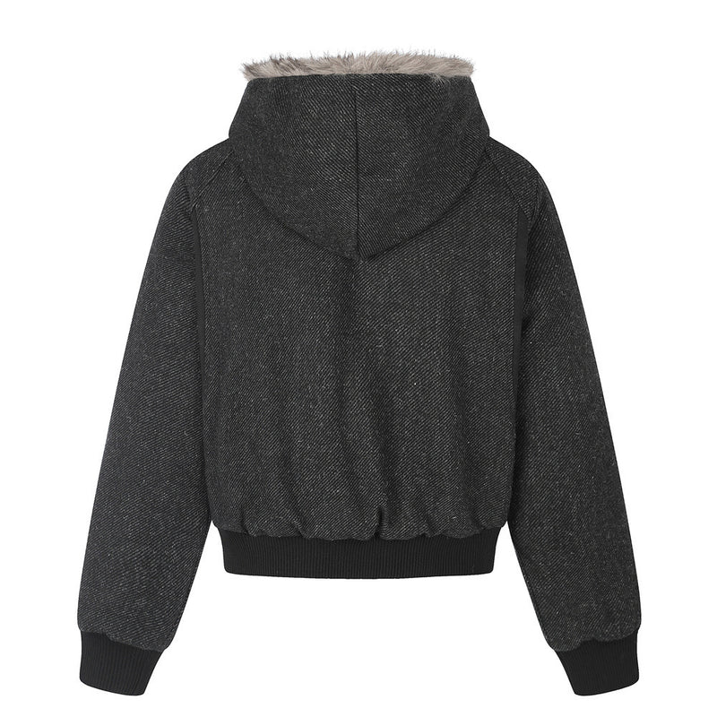 Fur-Trim Hooded Wool-Blend Bomber Jacket with Asymmetric Button Placket