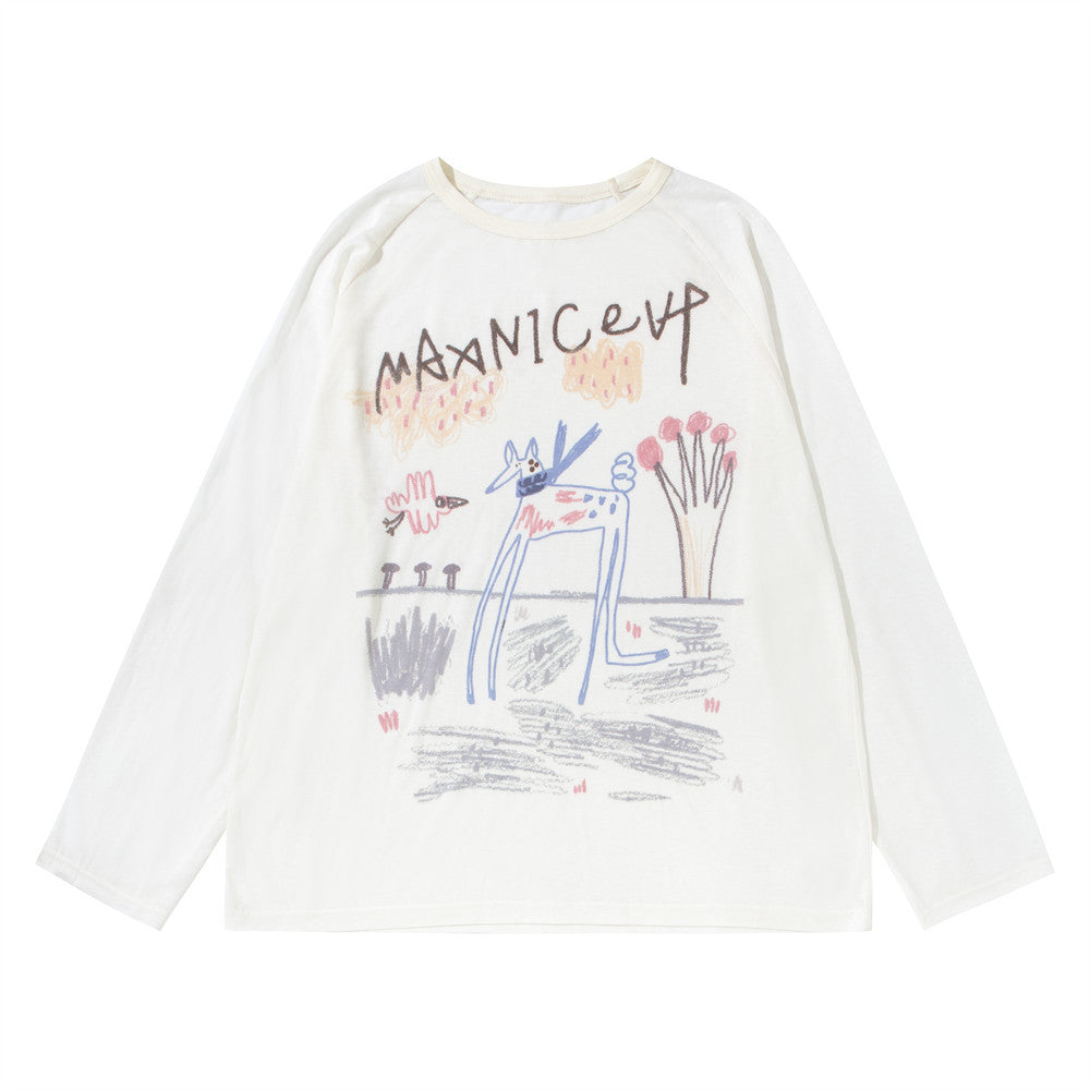 Cartoon Doodle Graphic Long Sleeve Tee – Oversized Crew Neck Shirt