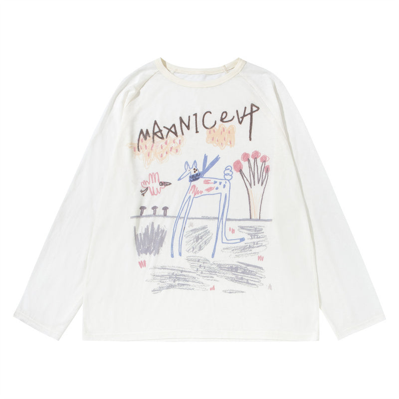 Cartoon Doodle Graphic Long Sleeve Tee – Oversized Crew Neck Shirt