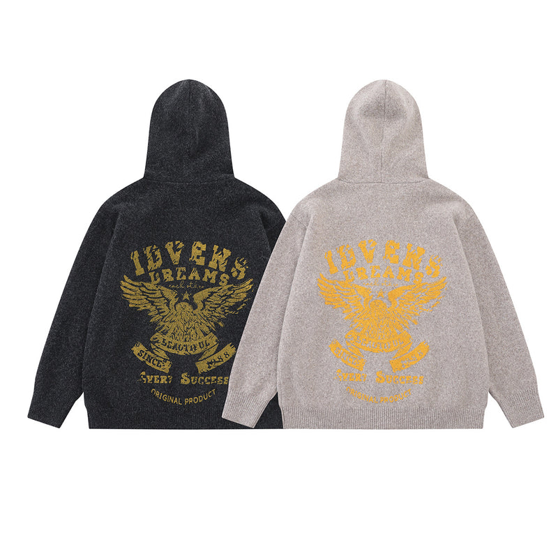 Knit Zip-Up Hoodie with Eagle Graphic Back — Relaxed Fit Streetwear Cardigan