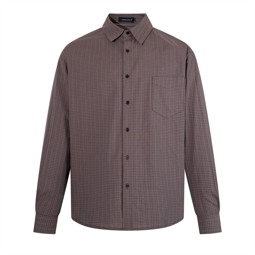Men's relaxed-fit brown micro-plaid long-sleeve button-up shirt with chest pocket, front and back view