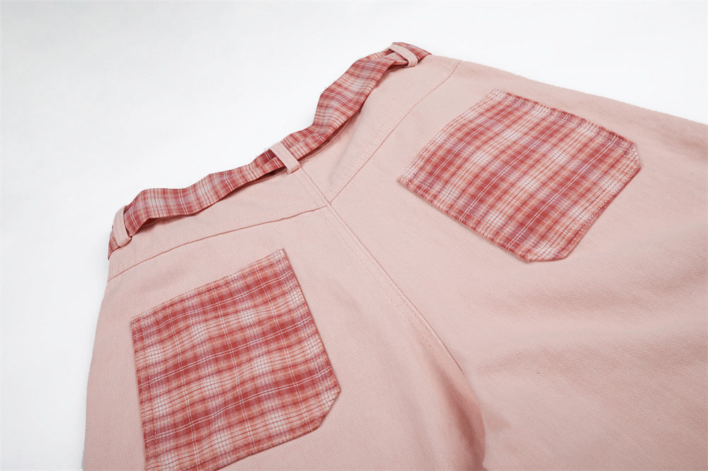 Cartoon Embroidery Wide-Leg Shorts with Plaid Tie Detail