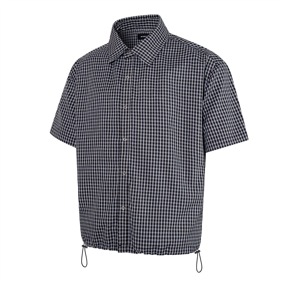 Men's Plaid Short Sleeve Shirt with Drawstring Hem | Oversized Workwear Style