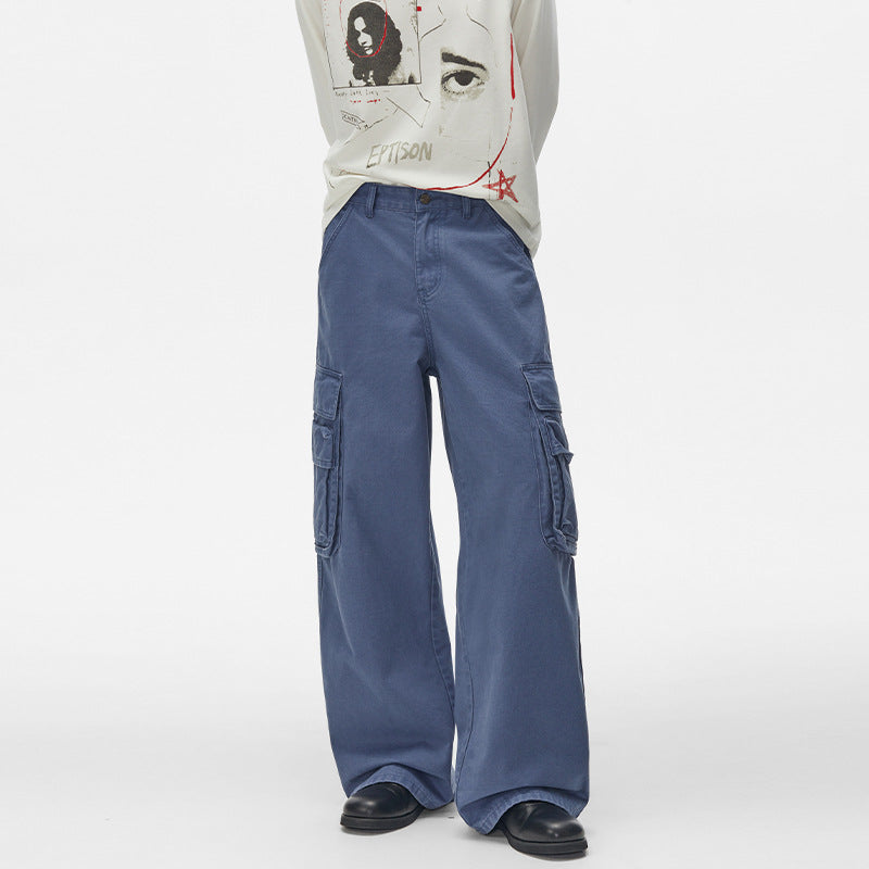 Pantalon cargo homme bleu délavé à jambes larges, avec grandes poches à rabat et coupe droite