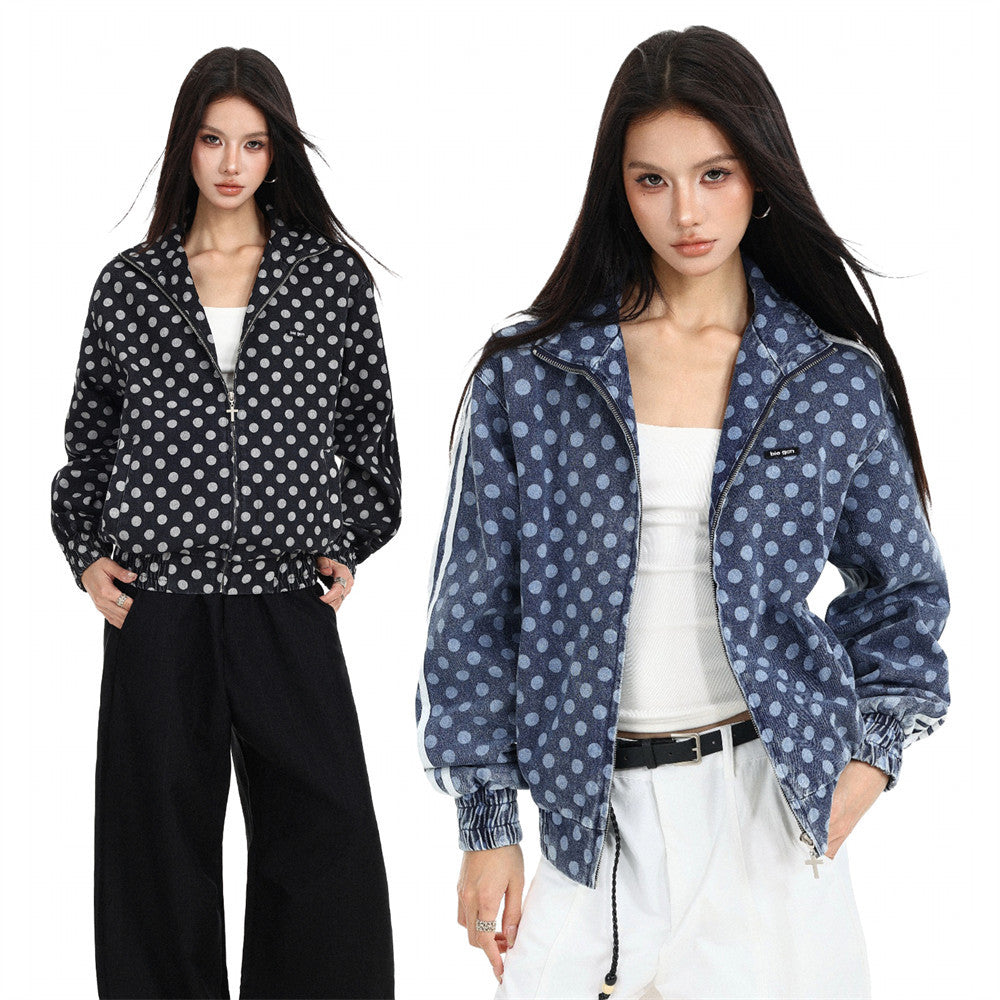 Men's Polka Dot Denim Track Jacket – Stand Collar Full-Zip Retro Streetwear