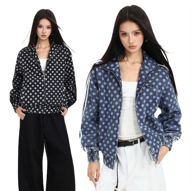 Men's Polka Dot Denim Track Jacket – Stand Collar Full-Zip Retro Streetwear