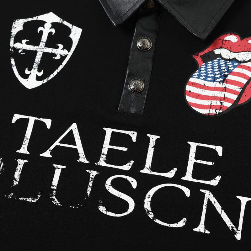 Schwarzes Herren-Poloshirt mit PU-Lederärmeln und American-Flag-Tongue-Grafik