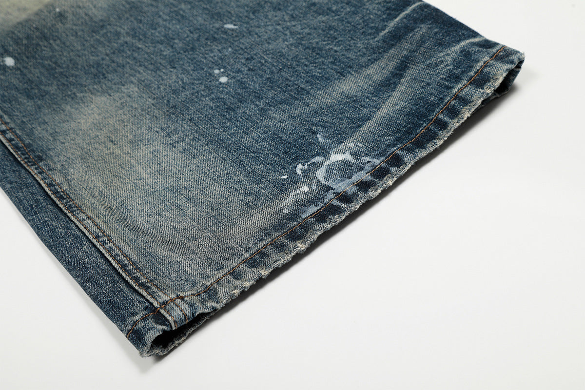 Vaqueros baggy con diseño — Denim vintage lavado de pierna ancha con salpicaduras de pintura
