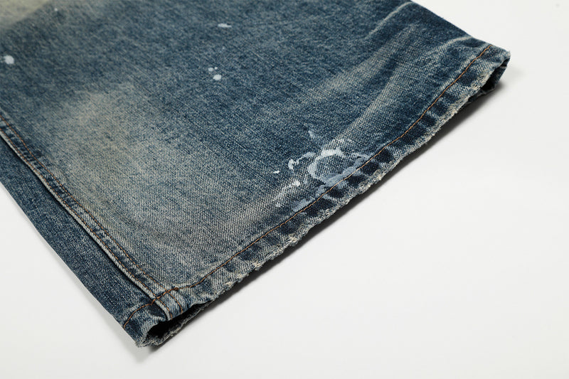 Vaqueros baggy con diseño — Denim vintage lavado de pierna ancha con salpicaduras de pintura