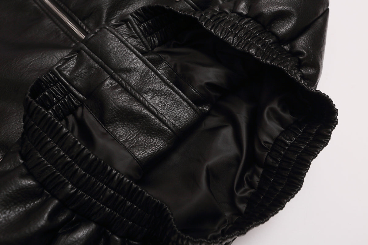 Black PU Leather Moto Jacket – Zip-Up Bomber with Stand Collar & Silver Hardware