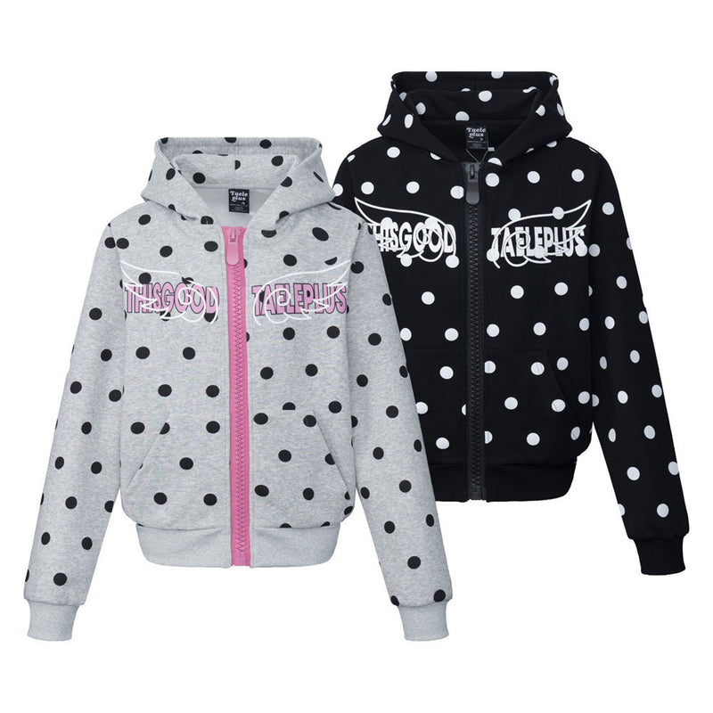 Sudadera con capucha y cremallera con estampado integral de lunares y gráfico de letras streetwear