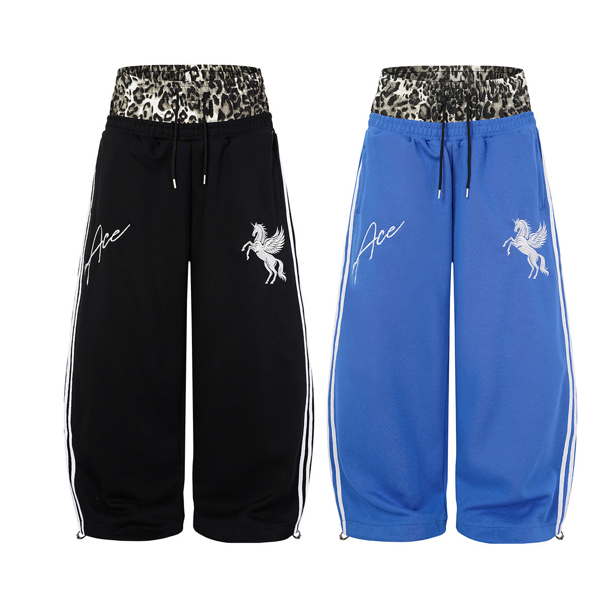 Wide Leg Sweatpants with Leopard Waistband & Pegasus Embroidery