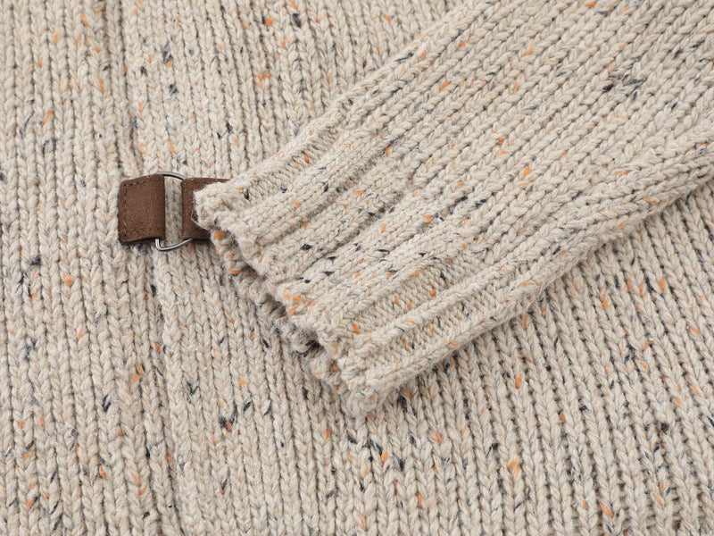 Chunky Knit Cardigan Sweater with Leather Buckle Closure, Mock Neck