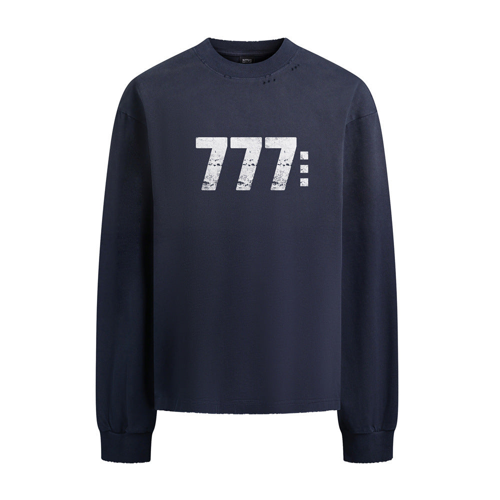 Langarmshirt mit 777-Zahlendruck – Used-Look-Rundhals-Streetwearshirt