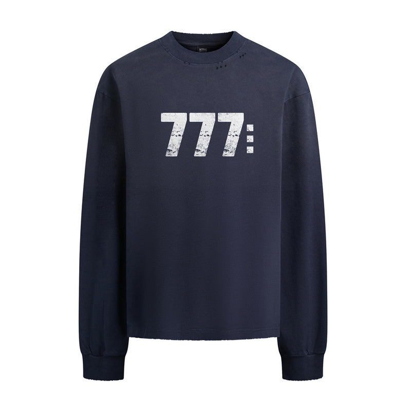 Langarmshirt mit 777-Zahlendruck – Used-Look-Rundhals-Streetwearshirt