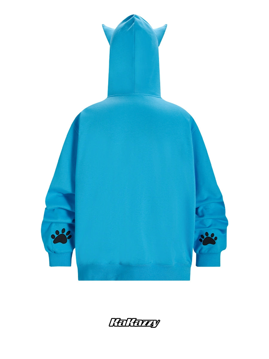 Anime Cat Hoodie - 400GSM Oversized Blue Zip-Up Kawaii Sweatshirt with Ears