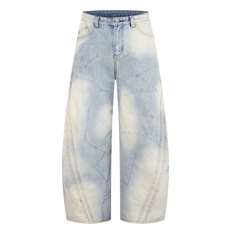Star Embroidery Wide-Leg Jeans – Vintage Washed Baggy Denim