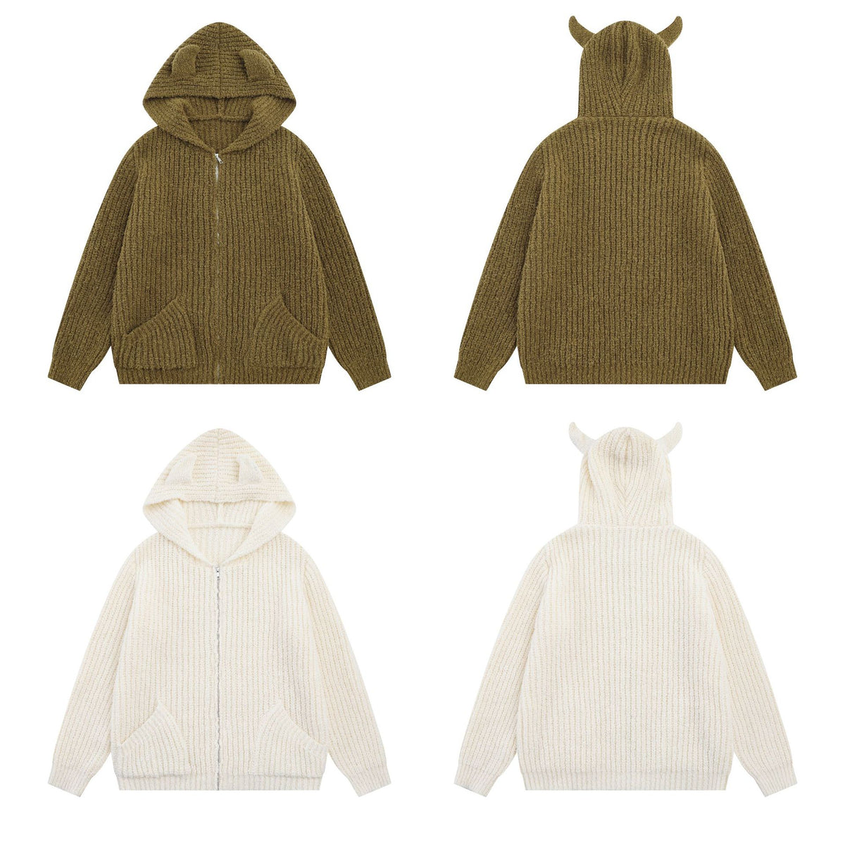 Sweater Zip Up Hoodie Bear Ear Knit Cardigan with Front Pockets