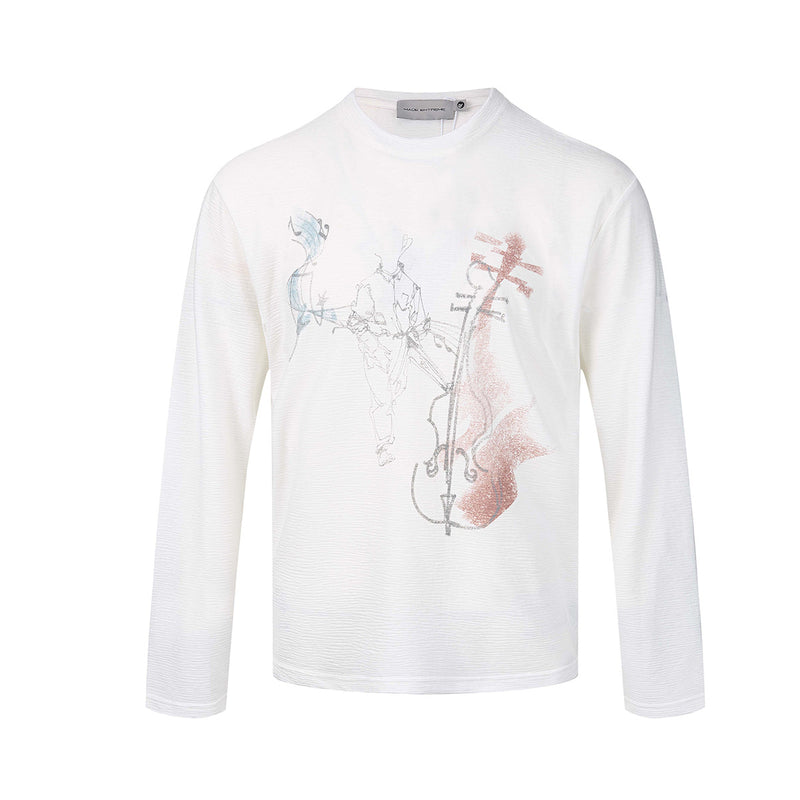 Long Sleeve Graphic Shirt – Cello Musician Sketch Print, Relaxed Fit