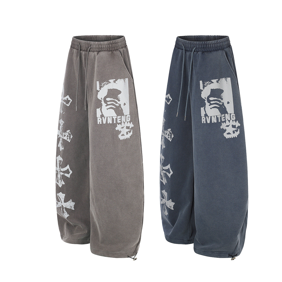 Pantalones de chándal de pierna ancha con cruz estampada y acabado lavado ácido