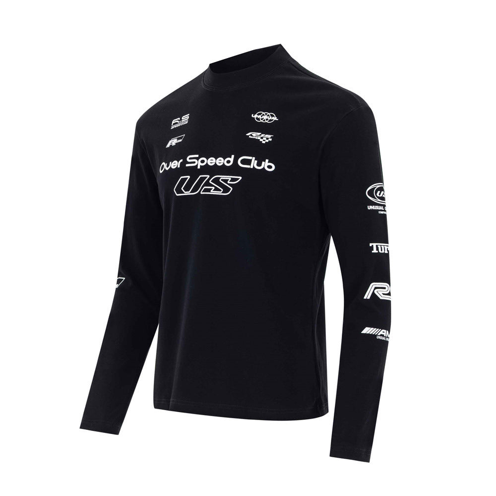 Over Speed Club Long Sleeve Graphic Tee – Mock Neck Racing Print Shirt