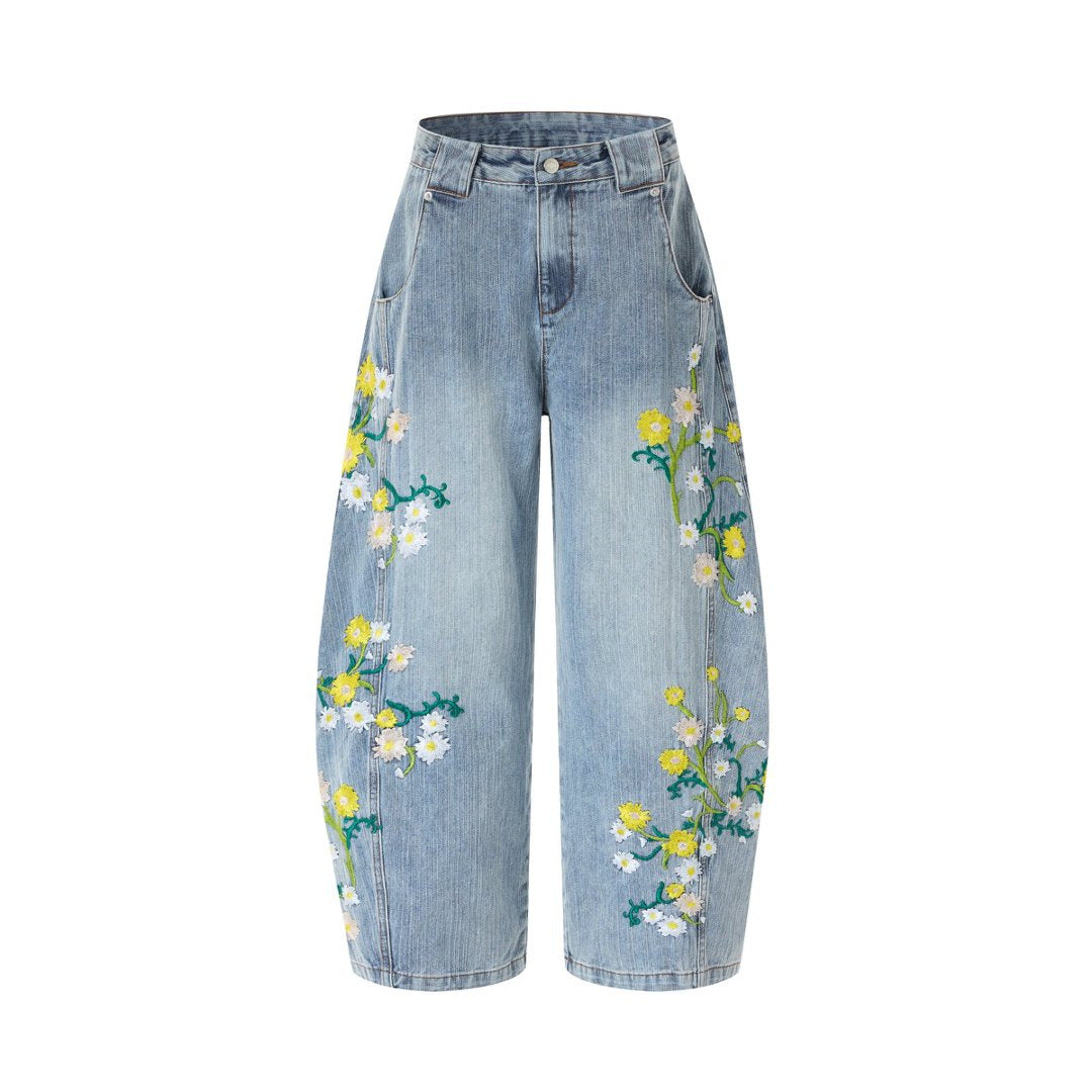Floral Embroidered Wide-Leg Jeans – Men's Barrel Fit Washed Denim
