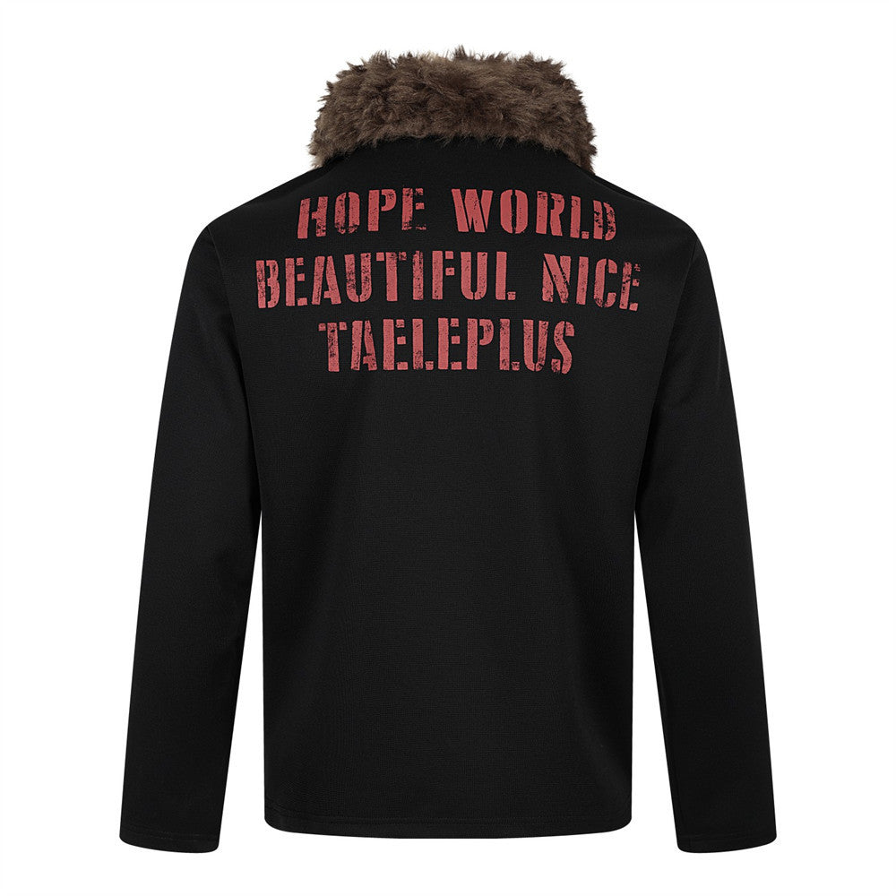 Fur Collar Long Sleeve Polo Shirt – Graphic Print Oversized Streetwear Top