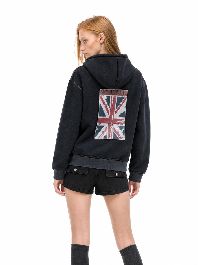 Union Jack Patch Zip-Up Hoodie – Washed & Distressed Raw-Edge Fleece