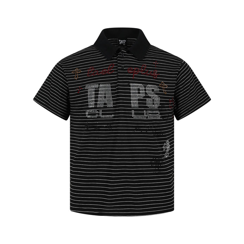 Polo de rayas con gráfico de letras de strass – Manga corta y cuello negro
