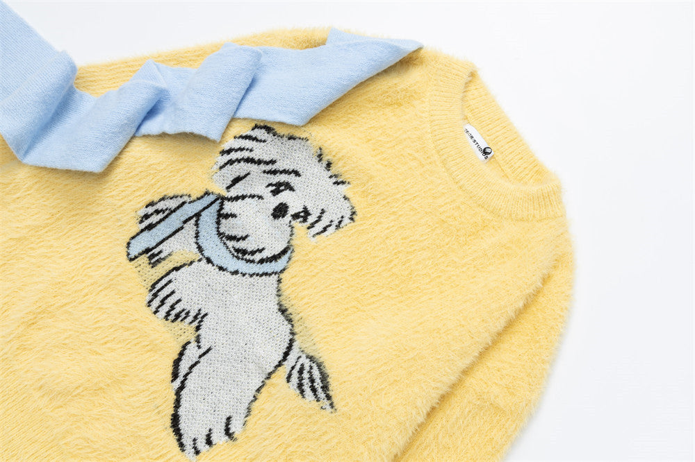 Cartoon Dog Colorblock Crew Neck Knit Sweater – Oversized Fuzzy Pullover
