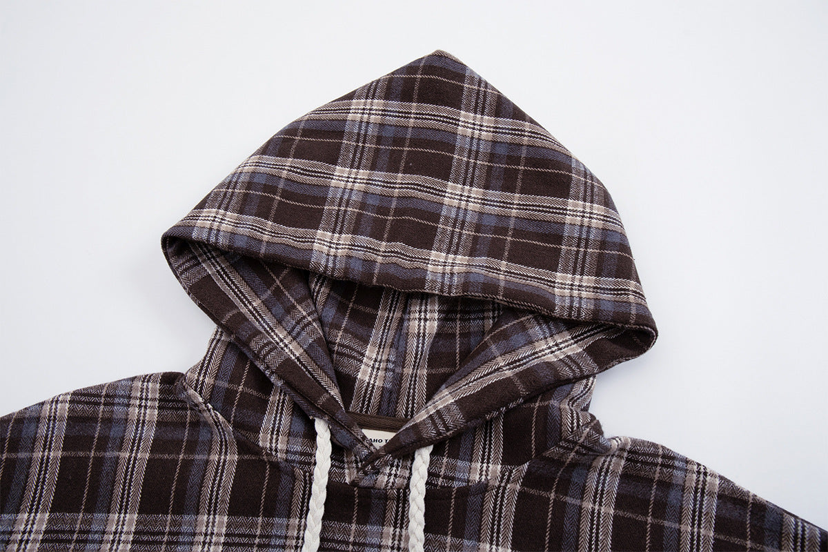 Oversized-Pullover-Hoodie mit braunem Karomuster – Retro-Flanell-Check-Streetwear