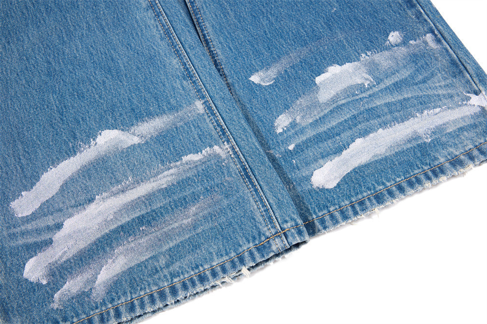 Distressed Flare Jeans – Men's Washed Blue Wide-Leg Denim with Paint Splatter