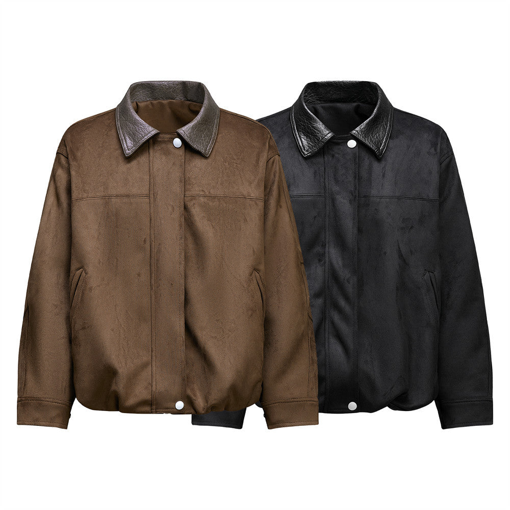 Blouson bomber pour homme oversize rétro en similicuir, avec col à revers froissé, en noir et marron