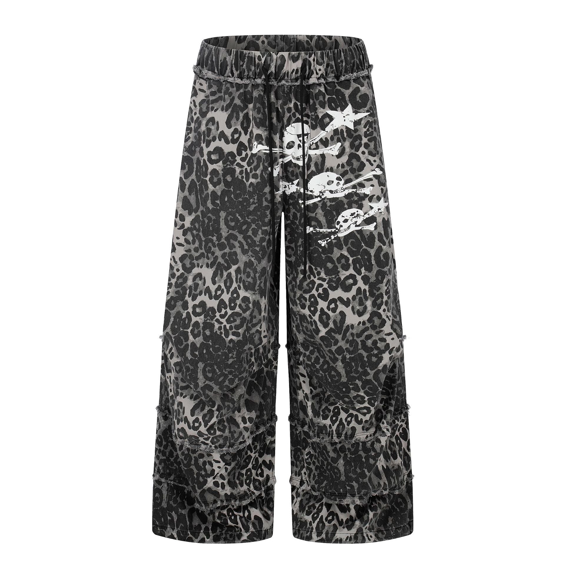 Wide-Leg Leopard Print Pants with Skull & Crossbones Graphic