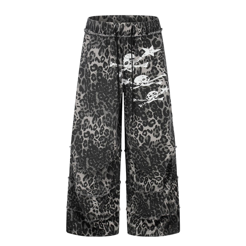 Wide-Leg Leopard Print Pants with Skull & Crossbones Graphic