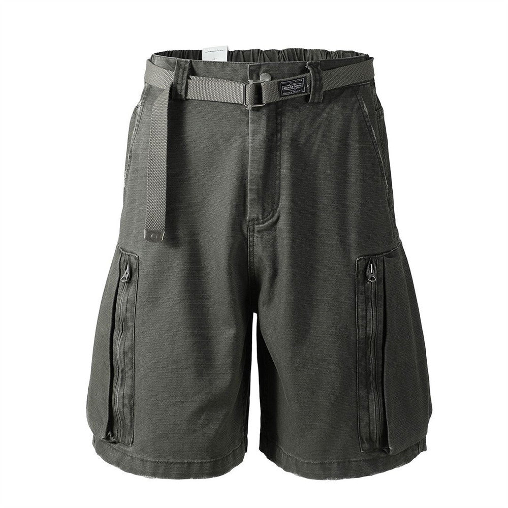 Front view of dark olive cargo shorts with belt and two zip side pockets