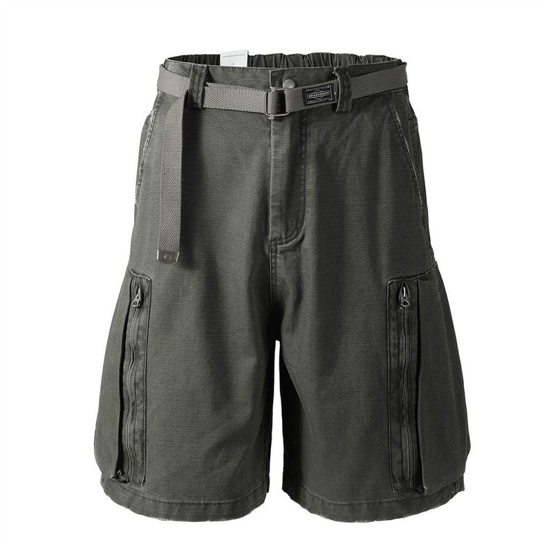 Front view of dark olive cargo shorts with belt and two zip side pockets