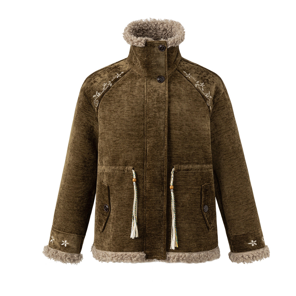 Sherpa-Lined Chenille Vintage Cotton Jacket – Nomadic Style with Floral